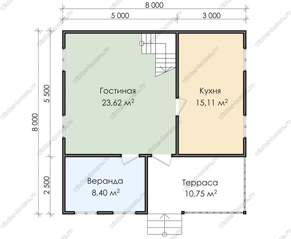 Планировка двухэтажного дома для постоянного проживания 8 на 8 с террасой