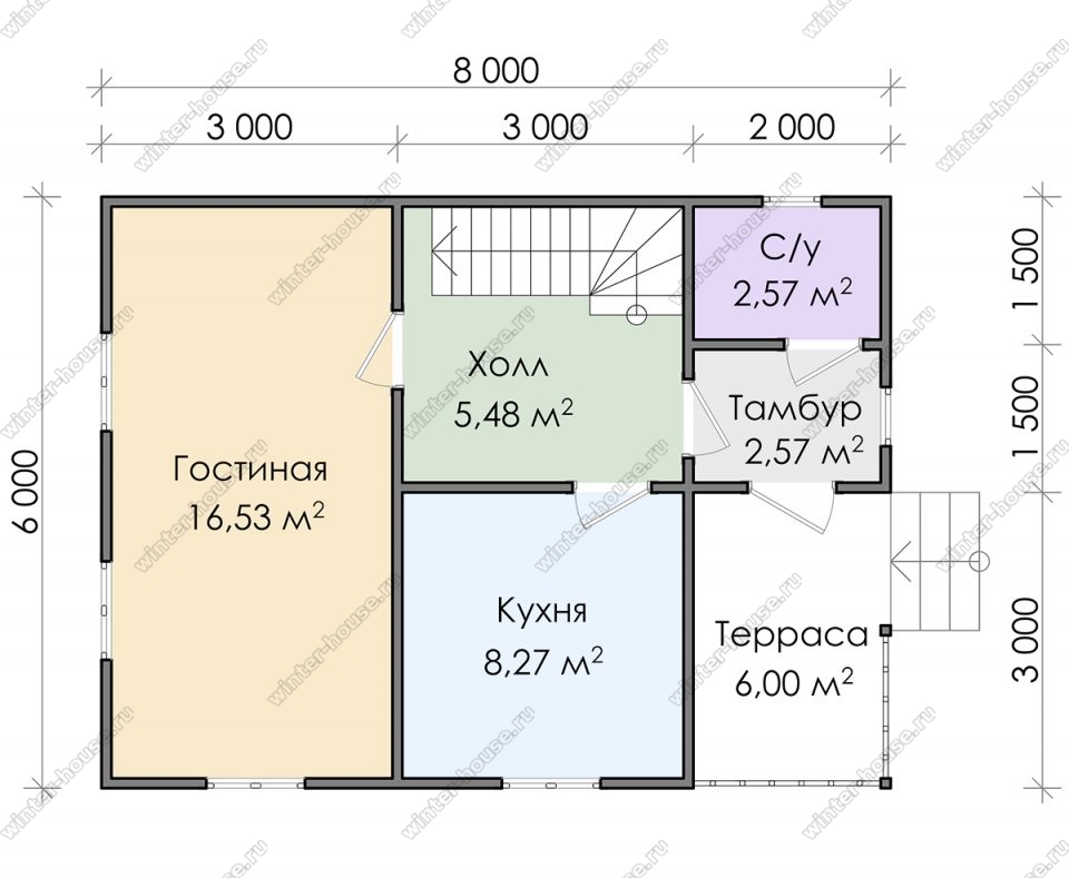 Планировка двухэтажного дома для постоянного проживания 6 на 8 с террасой