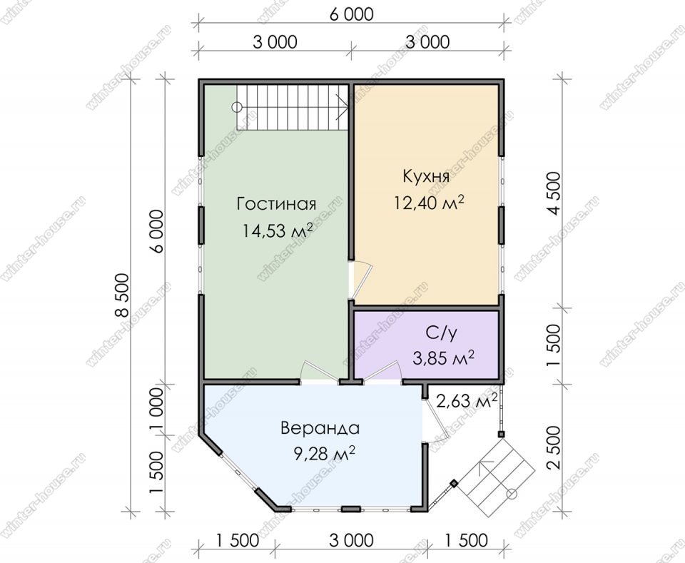 Планировка двухэтажного дома для постоянного проживания 6 на 8,5 с террасой