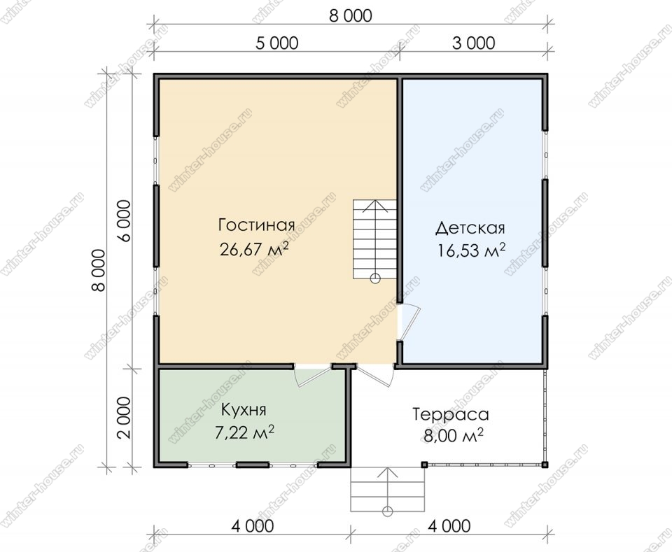 Планировка двухэтажного дома для постоянного проживания 8 на 8 с террасой