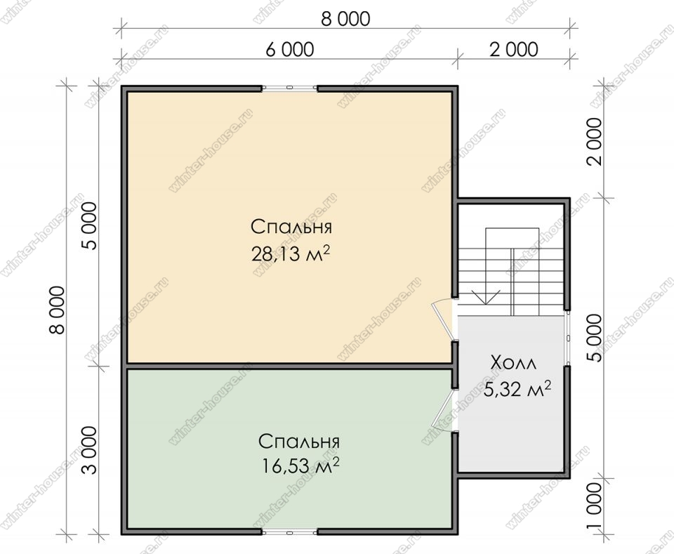 План двухэтажного дома для постоянного проживания 8х8